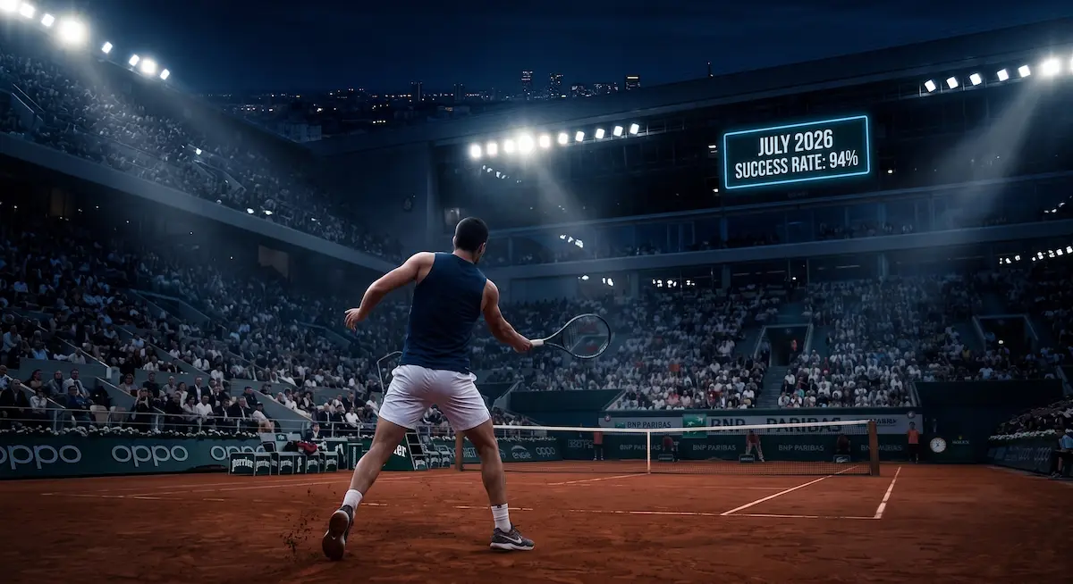 Professional tennis player scoreboard displaying 94% verified success rate for VIP tennis betting picks in July 2026 by Match Point Betting